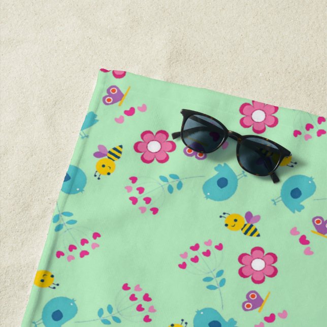 Bees, birds and flowers green pattern beach towel (In Situ)