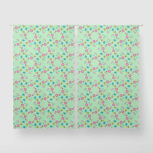 Bees, birds and flowers green pattern blackout curtains (Pair)
