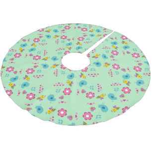 Bees, birds and flowers green pattern brushed polyester tree skirt