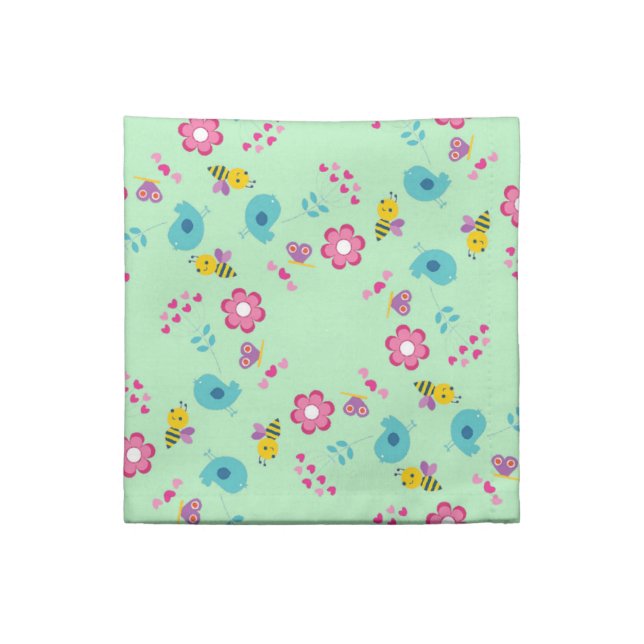 Bees, birds and flowers green pattern cloth napkin (Quarter Fold)