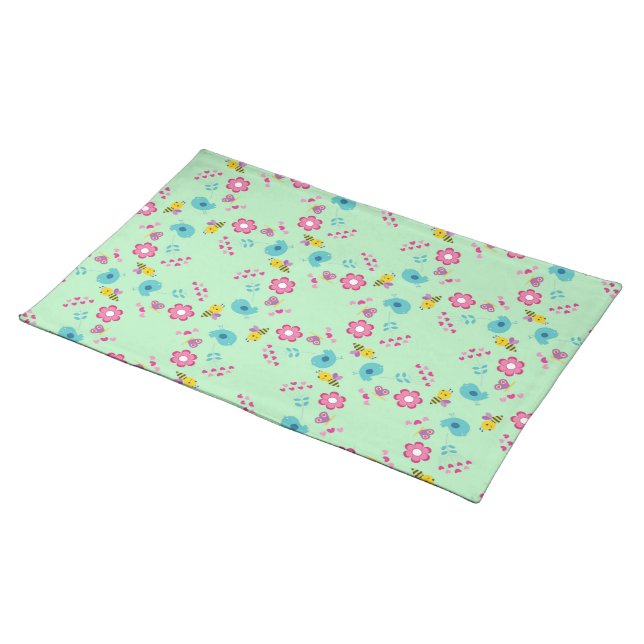 Bees, birds and flowers green pattern cloth placemat (On Table)