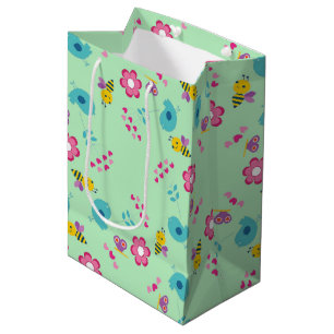 Bees, birds and flowers green pattern medium gift bag