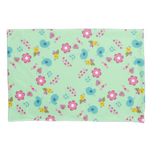Bees, birds and flowers green pattern pillow case
