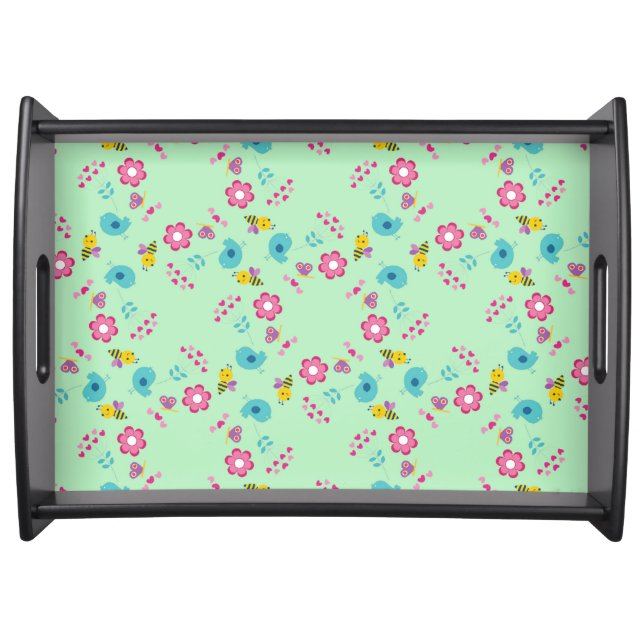 Bees, birds and flowers green pattern serving tray (Front)