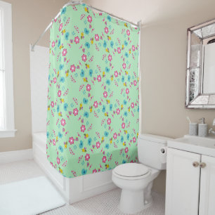 Bees, birds and flowers green pattern shower curtain