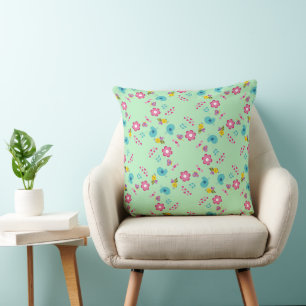 Bees, birds and flowers green pattern throw pillow