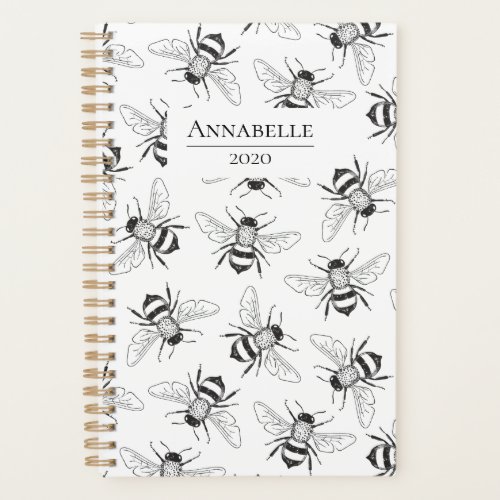 Bees black and white custom name planner