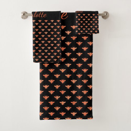 Bees black rose gold monogram script elegant bath towel set