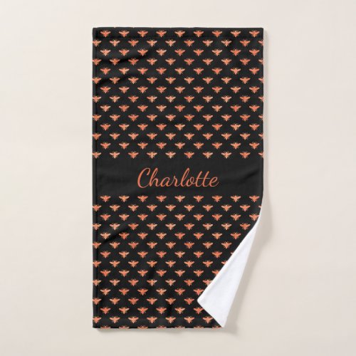 Bees black rose gold monogram script elegant  hand towel 