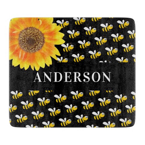 Bees black yellow sunflower family name cutting board