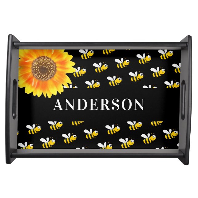 Bees black yellow sunflower family name serving tray (Front)
