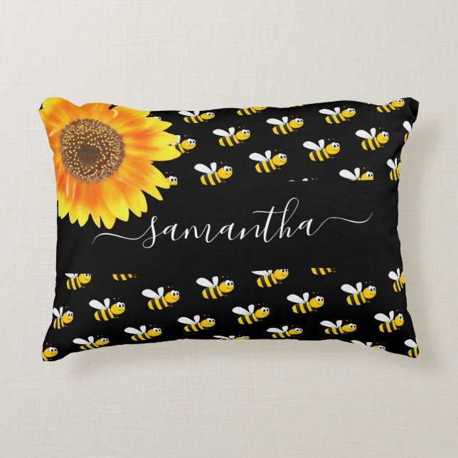 Bees black yellow sunflower name script  accent pillow (Front)