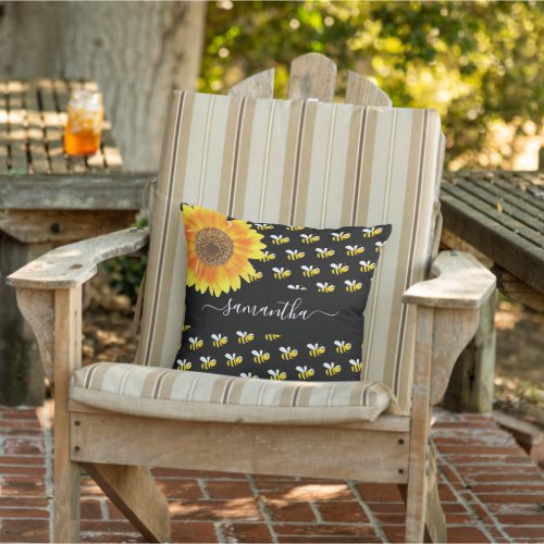 Bees black yellow sunflower name script outdoor pillow