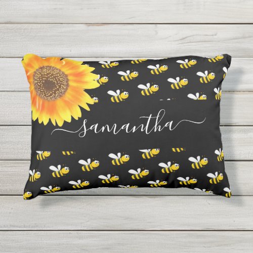 Bees black yellow sunflower name script outdoor pillow