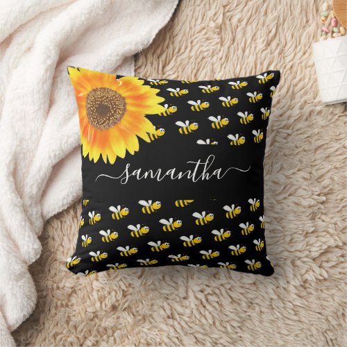 Bees black yellow sunflower name script  throw pillow