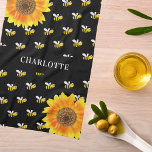 Bees black yellow sunflowers name kitchen towel<br><div class="desc">Decorated with happy,  smiling yellow and black bumble bees and watercolored sunflowers. A chic black background. Personalize and add a name,  family name.</div>