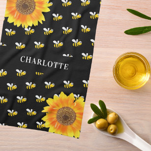 Bees black yellow sunflowers name kitchen towel