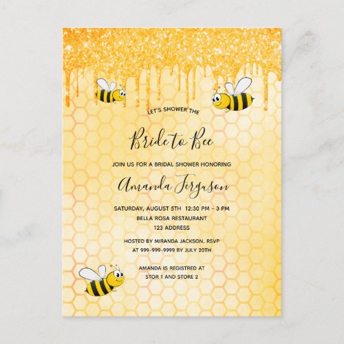 Bees bride to be gold bridal shower invitation postcard