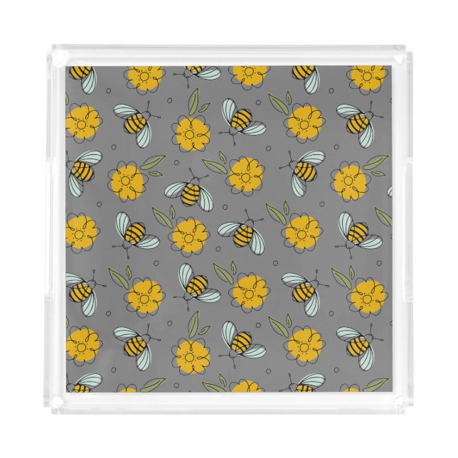 Bees & Buttercups on Gray  Acrylic Tray (Front)