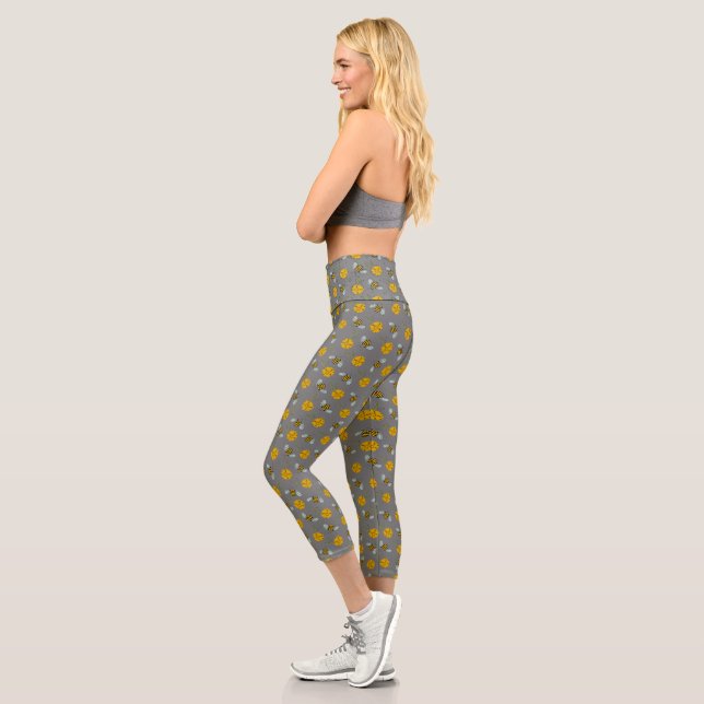 Bees & Buttercups on Gray  Capri Leggings (Left)