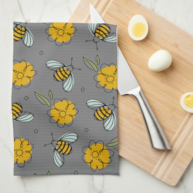 Bees & Buttercups on Gray  Kitchen Towel (Quarter Fold)