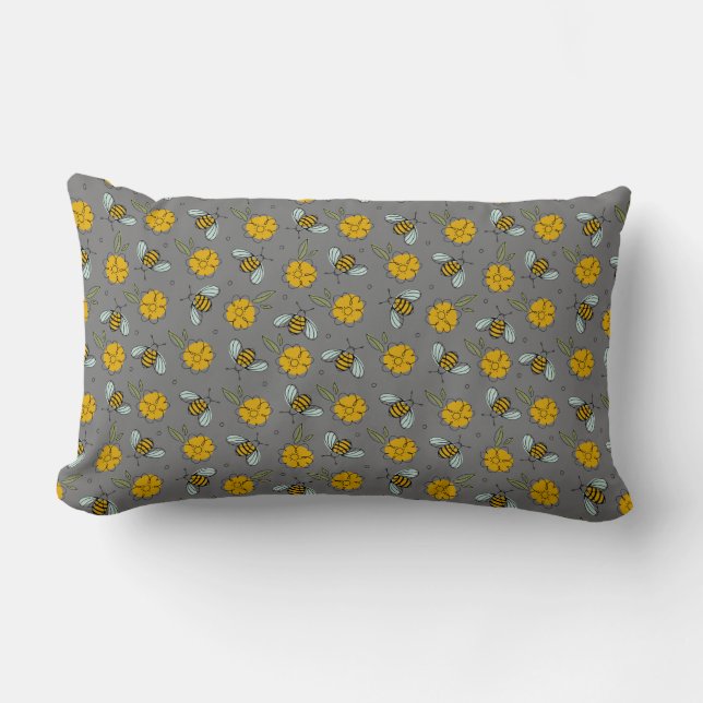 Bees & Buttercups on Gray Lumbar Pillow (Front)