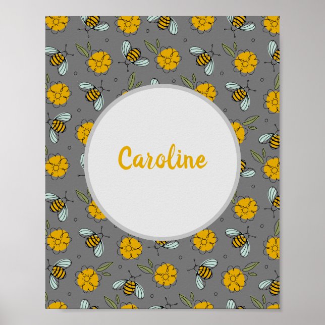 Bees & Buttercups on Gray Personalized Print (Front)