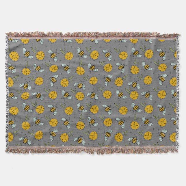Bees & Buttercups on Gray  Throw Blanket (Front)