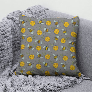 Bees & Buttercups on Gray   Throw Pillow