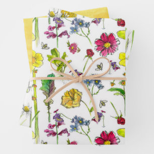 Bees Butterflies Botanical Chamomile Wildflowers Wrapping Paper Sheets
