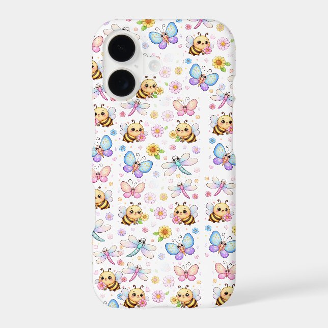 Bees, Dragonflies and Butterflies Kawaii Art iPhone Case (Back)
