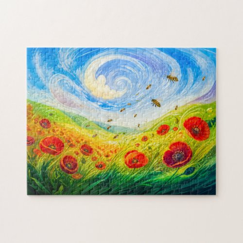 Bees drifting over windy poppy field jigsaw puzzle