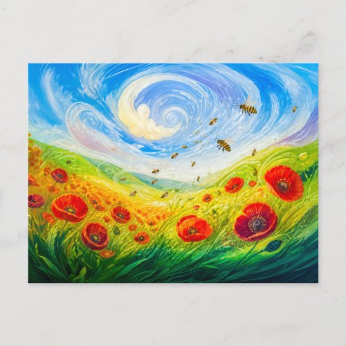 Bees drifting over windy poppy field postcard