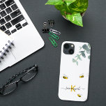 Bees eucalyptus greenery white monogram iPhone 13 case<br><div class="desc">A chic white background. Decorated with watercolored eucalyptus greenery, foliage and cute, happy smiling bumble bees. Personalize and add your monogram letter, initial and name. The name is written with a modern hand lettered style script with swashes. The name in black and the monogram letter in yellow. To keep the...</div>