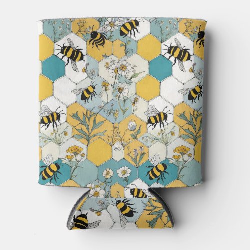 Bees Floral Honeycomb Yellow and Teal Can Cooler