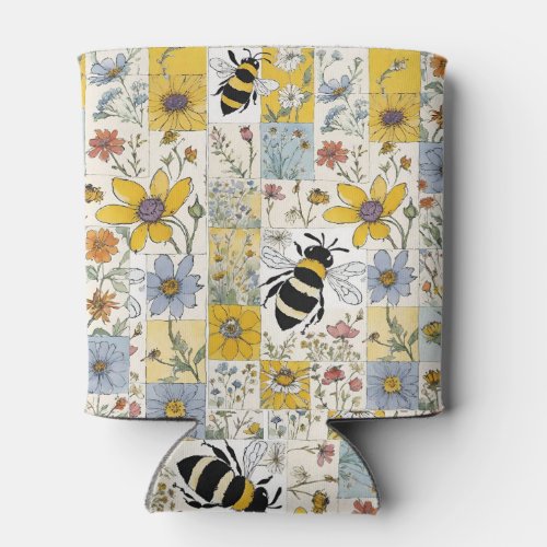 Bees Floral Patchwork Yellow and Blue Can Cooler