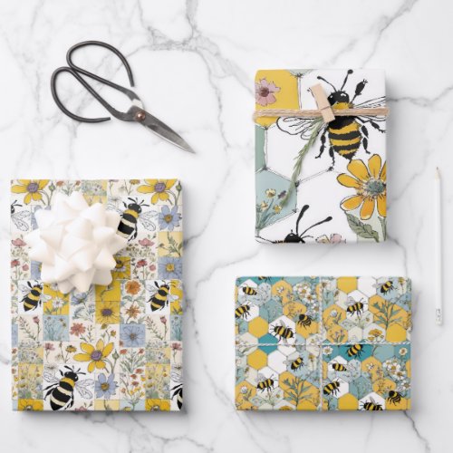 Bees Floral Wrapping Paper Flat Sheet Set of 3