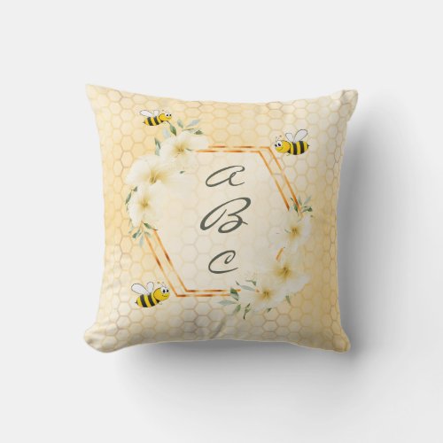 Bees floral yellow honeycomb family monogram throw pillow