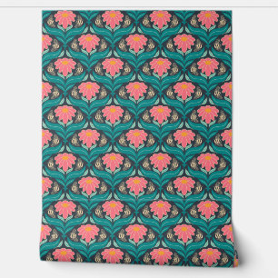 Bees Flower Reddish Pink on Dark Blue Wallpaper