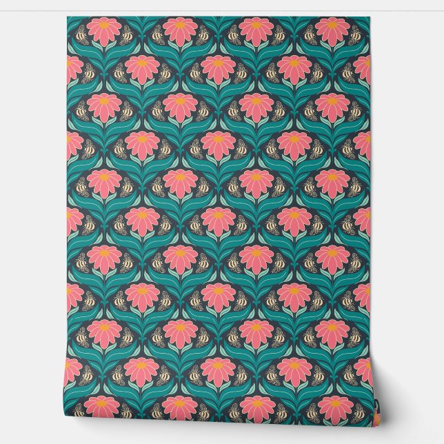 Bees Flower Reddish Pink on Dark Blue Wallpaper (Unrolling)