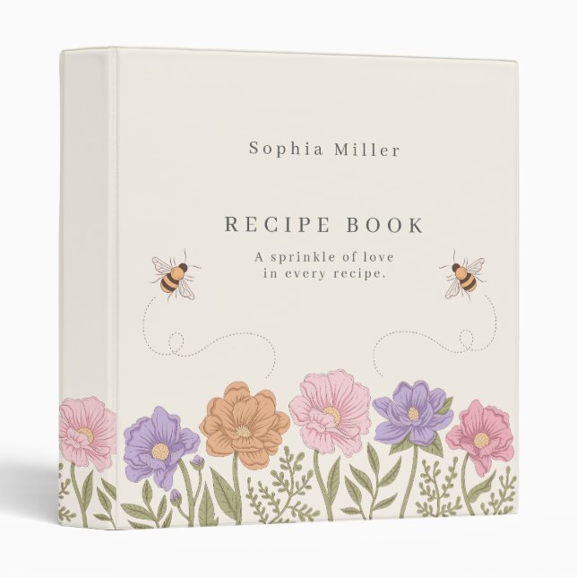 Bees & Flowers Illustration Elegant Recipe Book 3 Ring Binder (Front/Spine)