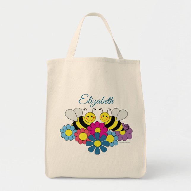 Bees & Flowers Personalize Tote Bag (Front)