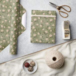 Bees Flowers Sage Green Wrapping Paper
