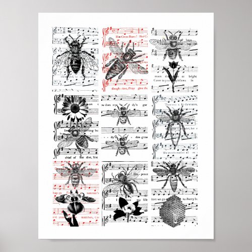 Bees Flowers Sheet Music Musical Notes Collage Art Poster