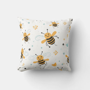 Bees flying and buzzing on a white backgroud throw pillow