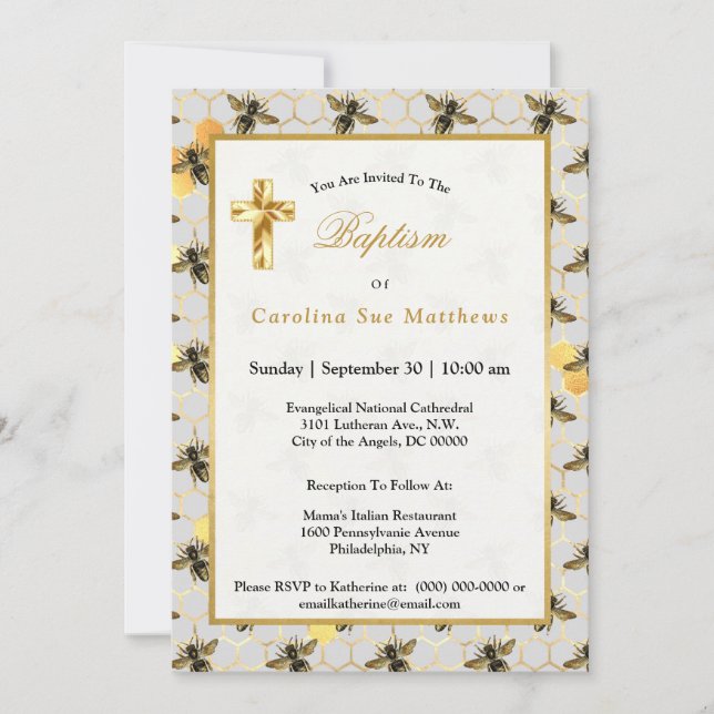 Bees Gold Honeycomb Baptism Invitation (Front)