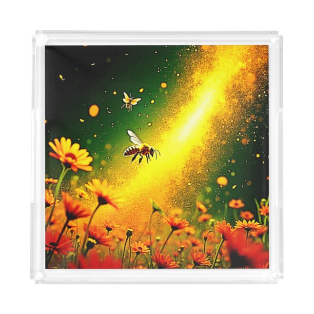 Bees' Golden Pollen Burst Joy Design Acrylic Tray (Front)