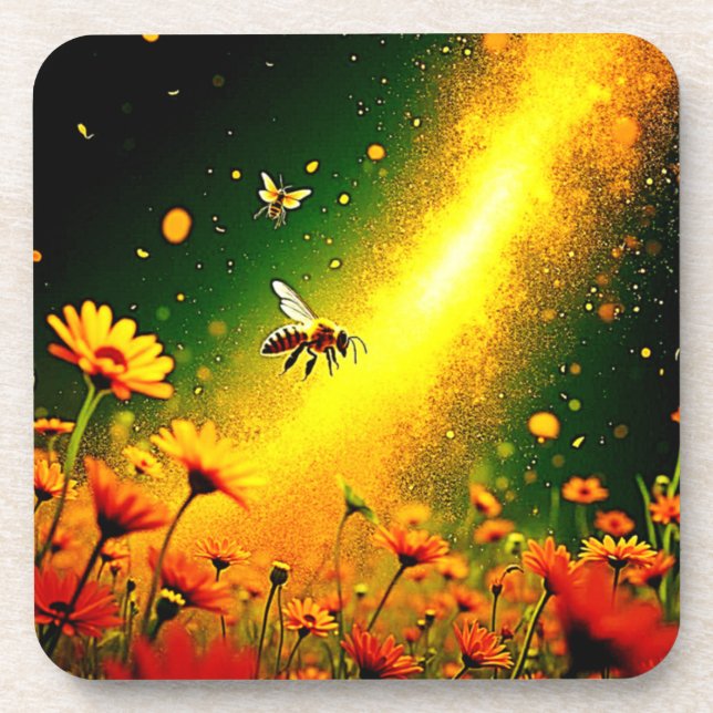 Bees' Golden Pollen Burst Joy Design Beverage Coaster (Front)