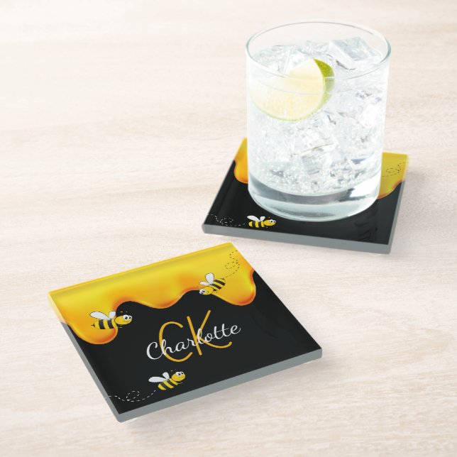 Bees honey dripping monogram black golden glass coaster (Angled)