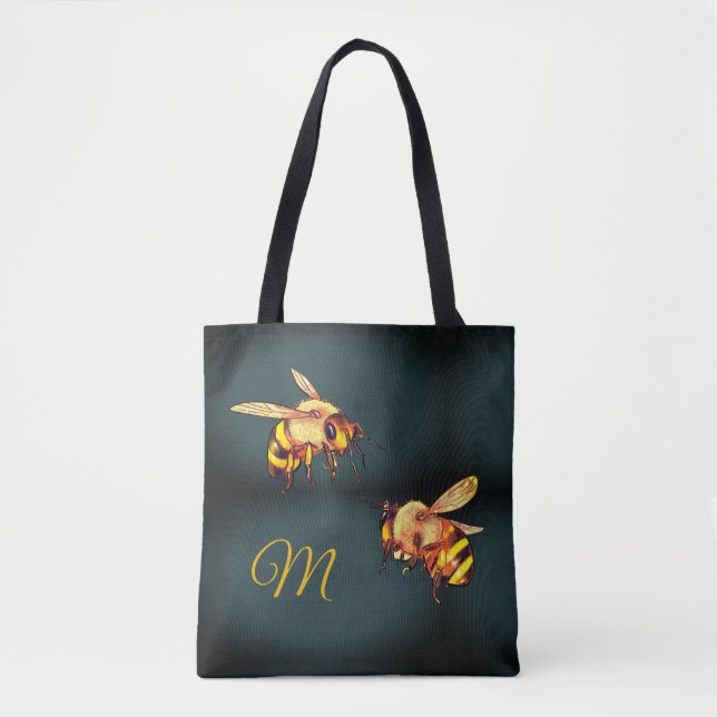 Bees Honey Retro Vintage Marble Monogram Tote Bag (Front)